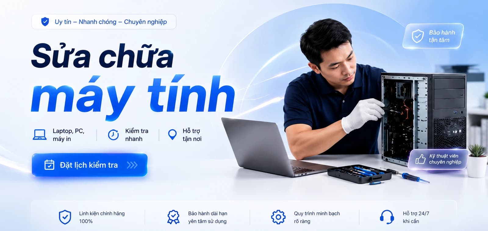 Kỹ thuật viên MTGS sửa chữa máy tính tại quầy