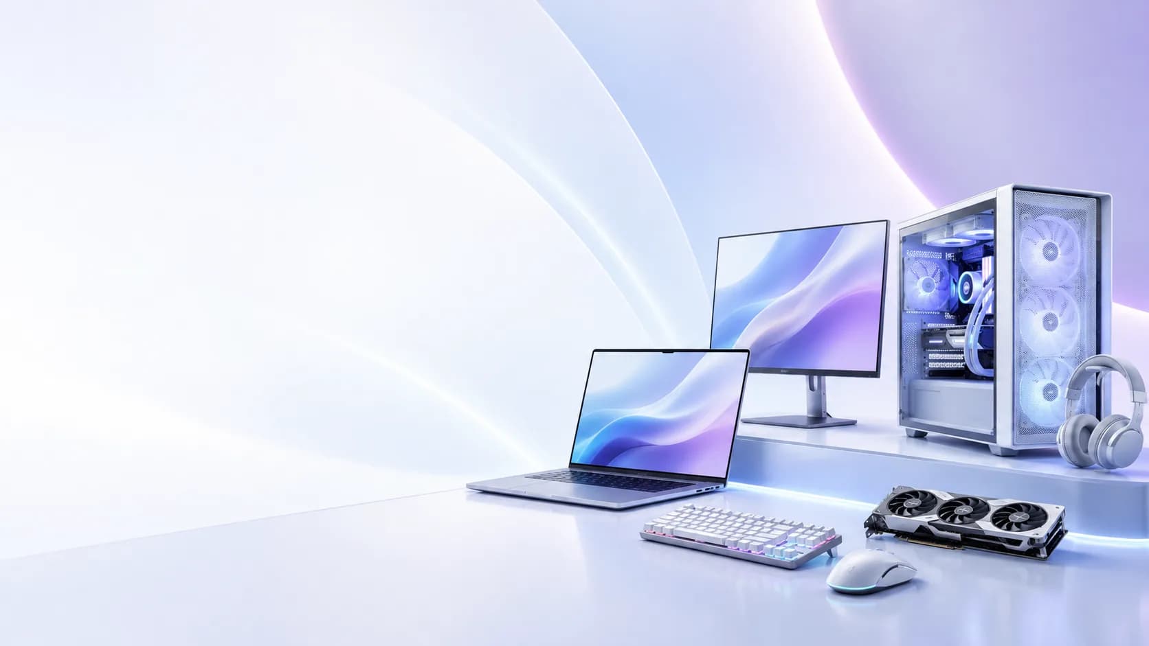 Laptop đặt trước màn hình, case PC và bàn phím tại MTGS
